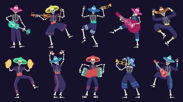 죽은 마리아치 밴드의 날. 음악 멕시코 축제 해골 캐릭터 벡터 일러스트 세트. Dia de los muertos mariachi skeleton musicians — 스톡 벡터