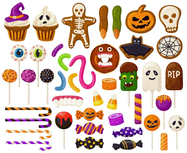 Dulces de Halloween. Dibujos animados caramelos de Halloween, piruletas espeluznantes, cupcakes y dulces de jalea de miedo conjunto de ilustración vectorial. Truco o tratar dulces de halloween — Archivo Imágenes Vectoriales