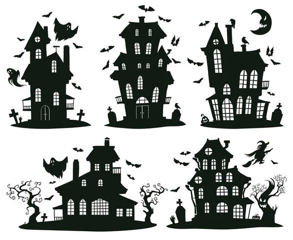 Halloween straší domy. Cartoon strašidelné halloween duchovní hrady, příšery domy izolované vektorové symboly nastavit. Strašidelné halloween strašidelné domy — Stockový vektor
