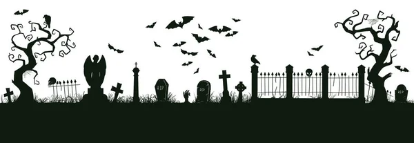 Halloween noční můra krajina. Cartoon strašidelné halloween hřbitov krajina vektor pozadí ilustrace. Strašidelný halloween hřbitov pohled silueta — Stockový vektor