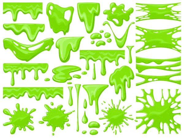 Cartoon slijm druipt. Groene plakkerige buitenaardse slijm blobs, griezelige halloween giftige slijm druipende vector illustratie set. Druipend groen cartoon slijm — Stockvector