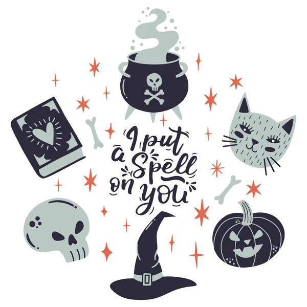 Halloween-Schriftzug mit Hexenelementen, Hut, Hexenkessel, Katze — Stockvektor