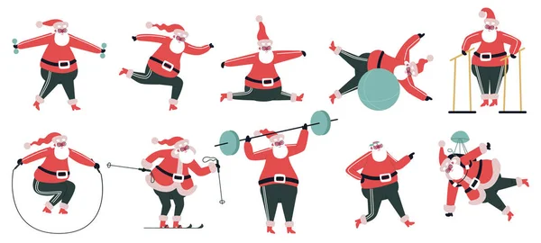 Cvičím Santa Clause. Sportovní roztomilý Santa charakter, zimní dovolená symbol dělá fitness cvičení vektorové ilustrační set. Santa Claus sportovní aktivita — Stockový vektor