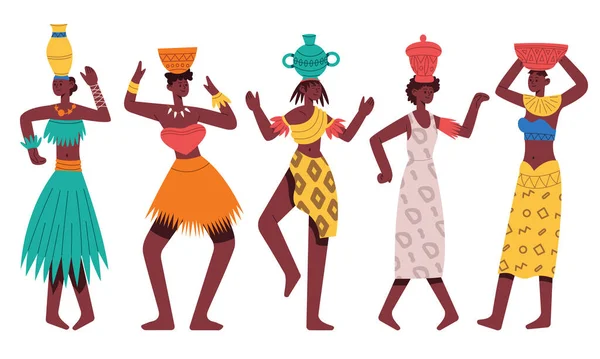 Dansând femei aborigene africane. Personaje africane care dansează dans tribal ilustrație vectorială izolată de desene animate. African negru tribal femei dansatoare — Vector de stoc