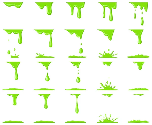 Slijmanimatie. Druipende groene cartoon druppels en splash, halloween vloeibare giftige slijm blobs vector illustratie set. Groene slijm animatie — Stockvector