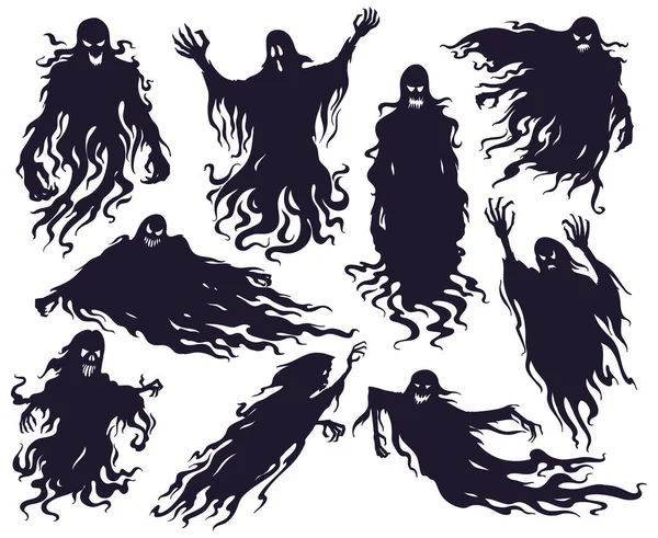 Halloweenská silueta zlého ducha. Strašidelné noční můry, strašidelné strašidelné démony, maskoty, vektorové ilustrace. Kreslené siluety ducha — Stockový vektor