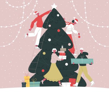 İnsanlar Noel ağacını süslüyor. Mutlu arkadaşlar Noel ağacını çizgi film çizimleri ile süslüyor. Xmas kış tatili hazırlığı