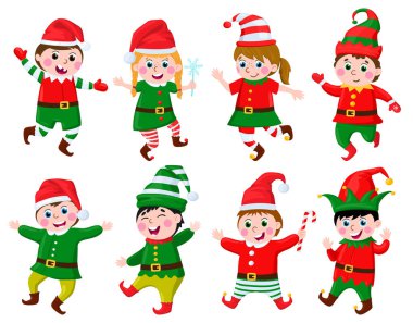 Elf kostümlü çocuklar. Noel Baba yardımcıları giyen komik çocuklar karnaval kostümleri vektör illüstrasyon seti. Sevimli küçük elf karakterleri.