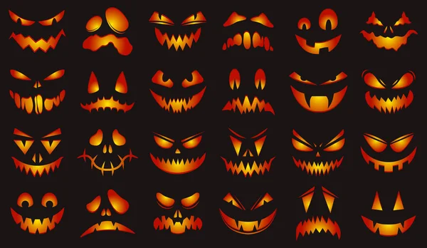 Жуткие лица на Хэллоуин. Счастливого Хэллоуина светящиеся тыквы страшные лица изолированные векторные иллюстрации набор. Хэллоуинская тыква вырезает лица — стоковый вектор