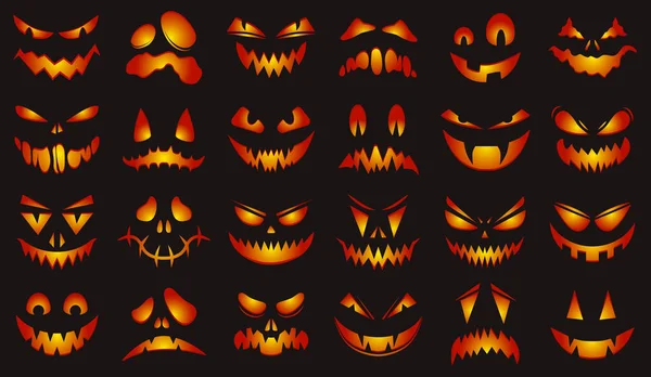 Caras espeluznantes de Halloween. Feliz halloween brillante calabazas miedo caras aisladas vector ilustración conjunto. Caras de calabaza de Halloween tallado — Archivo Imágenes Vectoriales