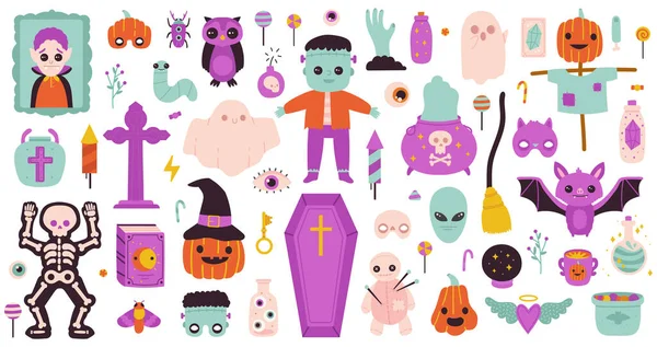 Kísérteties halloween szimbólumok. Boldog Halloween szellem, tök, főzet és cukorka halloween party izolált vektor szimbólumok készlet. Aranyos halloween tárgyak — Stock Vector