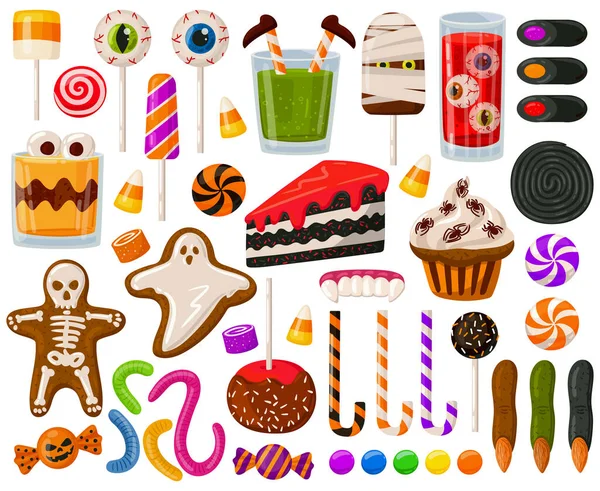 Doces de Halloween dos desenhos animados. Halloween doces assustadores, doces de chocolate e pirulitos assustadores conjunto ilustração vetorial. Truque ou tratar doces e lanches — Vetor de Stock