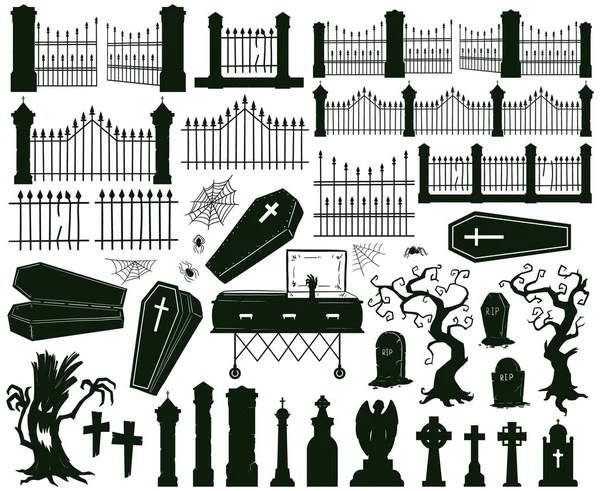 Cadılar Bayramı mezarlığı siluetleri. Ürkütücü mezar taşları, mezar taşları ve korkunç çitler vektör illüstrasyon seti. Cadılar Bayramı mezarlığı ürkütücü siluetleri