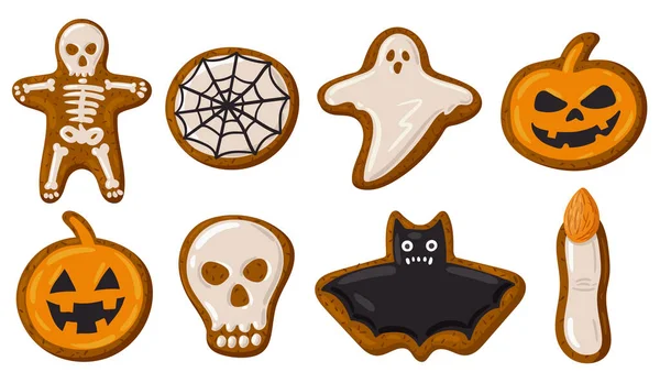 Gruselige Halloween-Lebkuchen, Kürbis, Totenkopf und Gespenst — Stockvektor