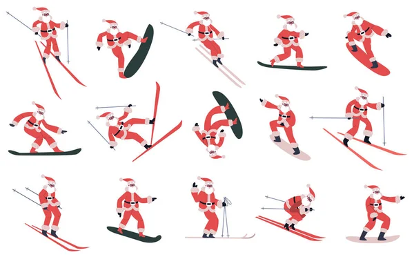 Snowboarding Santa Claus. Lyžování, snowboarding posuvné Santa maskoty, zimní sporty Santa znaky vektorové ilustrační set. Sportovní maskoti Santa — Stockový vektor