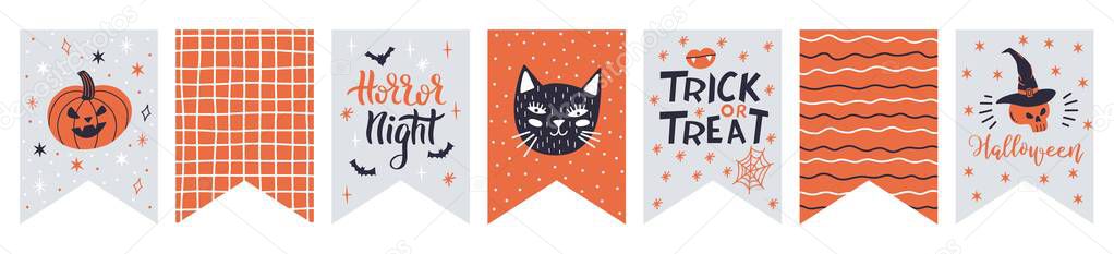 Halloween bunting. Cute halloween flags bunting decoration, hanging spooky bats and pumpkins bunting vector illustration set. Halloween party decor