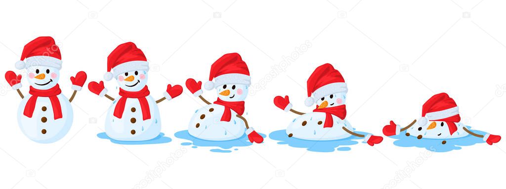 Cartoon melted snowman. Snowmen melting stages, winter funny melts snowman cartoon vector illustration set. Christmas melting snowman