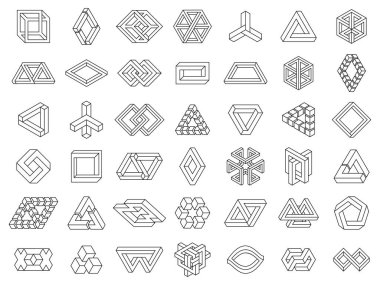 İmkansız geometrik şekiller. Paradoks geometri çizgisi figürleri, genişletilmemiş, imkansız geometri vektör sembolleri. Optik yanılsama geometrik semboller