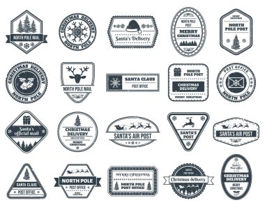 Noel Baba posta pulları. Noel posta pulları, kış tatili mektupları ve kartpostal teslimatı vektör ilüstrasyonu seti. Noel Baba pulları.