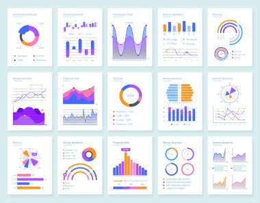 İş analizi için modern infografik vektör şablonları ayarlandı. Grafikler ve satır grafikleriyle mali istatistik