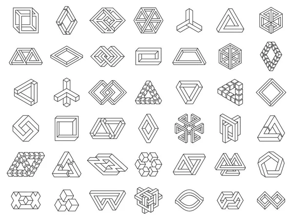 Αδύνατα γεωμετρικά σχήματα. Παράδοξα γεωμετρικά σχήματα γραμμών, μη επεκτεινόμενα, αδύνατα γεωμετρικά διανυσματικά σύμβολα. Γεωμετρικά σύμβολα οπτικής ψευδαίσθησης — Διανυσματικό Αρχείο