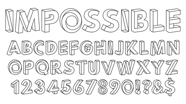 Unmögliche Formen. Paradox Alphabet Buchstaben und Zahlen, geometrische Abc-Zahlen Vektor Illustration Set. Optische Täuschung unmöglich — Stockvektor