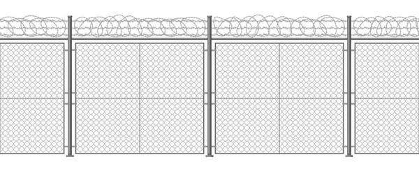 Valla metálica de alambre de púas. Barrera de alambre de afeitar seguro, pilares de acero e ilustración de fondo de vector de borde de alambre de afeitar. Valla de alambre de púas de protección territorial — Vector de stock