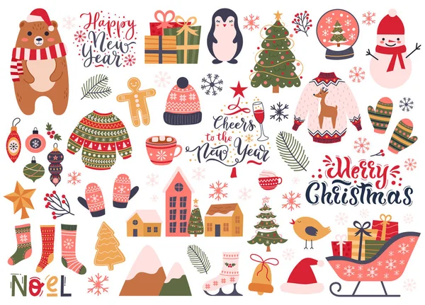 Vánoční svátky. Zimní dovolená útulné ponožky dekorace, jedle strom a sněhulák vektor ilustrační set. Vánoční roztomilé ručně kreslené dekorace — Stockový vektor