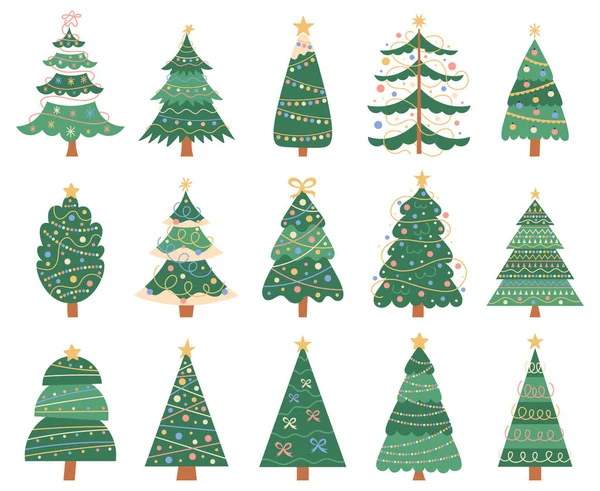 Vánoční stromky. Doodle vánoční jedle, zimní dovolená dekorace izolované vektorové symboly nastavit. Nový rok a vánoce věčně zelené stromy — Stockový vektor