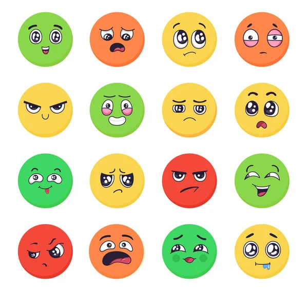 Emociones de dibujos animados caras establecidas. Expresiones emoji con gestos faciales enojados y tristes, felicidad y alegría de diferentes colores — Vector de stock