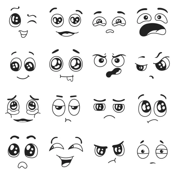 Emoções de doodle definidas. Feliz e triste, chorando e no amor expressões faciais. Emoji surpreso e confuso — Vetor de Stock