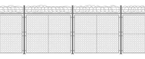 Metallic barbed wire fence. Secured razor wire barrier, steel pillars and razor wire border vector background illustration. Territory protection barbed wire fencing — Stock Vector