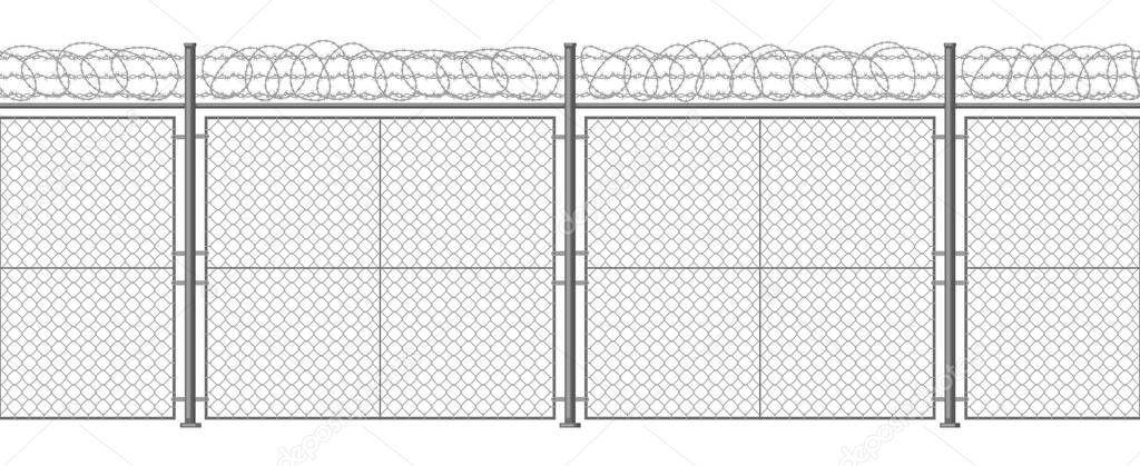 Metallic barbed wire fence. Secured razor wire barrier, steel pillars and razor wire border vector background illustration. Territory protection barbed wire fencing
