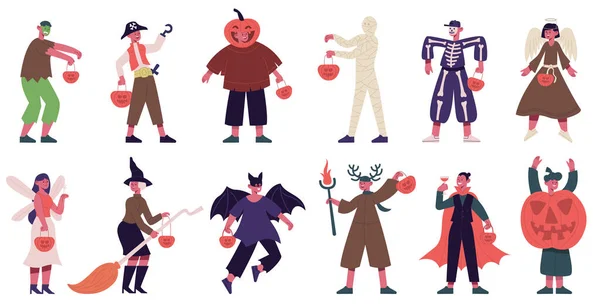 Des enfants en costumes d'Halloween. Garçons et filles portant des tenues effrayantes, ensemble d'illustration vectorielle vampire, ange et squelette. Enfants mignons célébrant Halloween — Image vectorielle