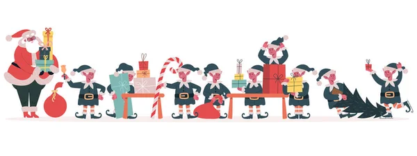 Vánoční továrna na elfy. Santa Claus a elfové balení vánoční dárky, Santa pomocníci dělat vánoční dárky vektorové ilustrace. Santa Claus elfové workshop — Stockový vektor