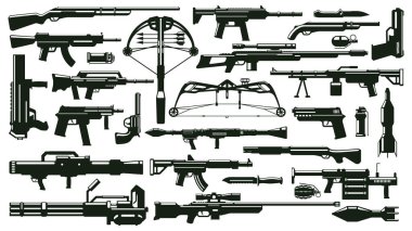Savaş silahı siluetleri. Otomatik silah kiti, el bombası fırlatıcıları, silah mermileri, ateşli silahlar vektör illüstrasyon seti. Askeri siluet koleksiyonu