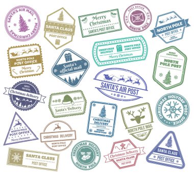 Mutlu Noel posta pulları. Noel Baba hava posta pulları, Noel ağacı, ren geyiği ve zencefilli ekmek pulları vektör illüstrasyon seti. Şirin Noel posta damgaları