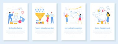 Çevrimiçi pazarlama dönüşüm oranı kavramı. İşçi indirimli internet müşterilerini çekiyor. Yeni müşteriler için huni satış stratejisi. Artan alımlar için geliştirme yönetimi vektör uygulaması