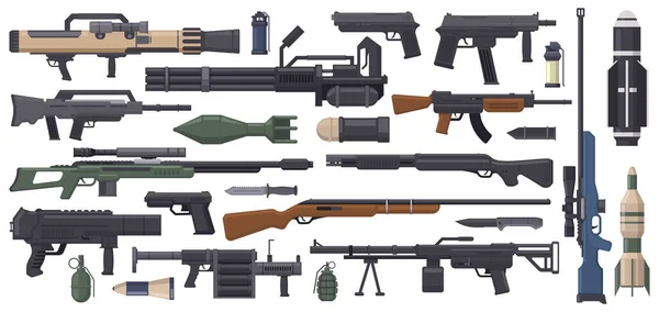 Askeri silah. Ordu silahları, roket atar, makineli tüfek ve bazuka izole vektör çizimi seti. Otomatik silah koleksiyonu — Stok Vektör