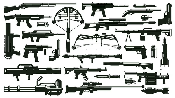 Siluety válečných zbraní. Sada automatických zbraní, granátomety, náboje do zbraní, vektorové ilustrace. Sbírka siluet vojenských zbraní — Stockový vektor