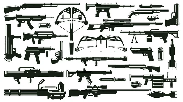 Savaş silahı siluetleri. Otomatik silah kiti, el bombası fırlatıcıları, silah mermileri, ateşli silahlar vektör illüstrasyon seti. Askeri siluet koleksiyonu — Stok Vektör
