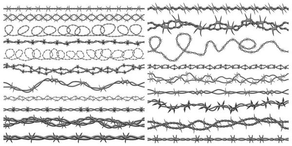 Razor wire silhouettes. Barbed wire metallic border elements, sharply barb wire fencing vector symbols set. Prison barbed wire — Stock Vector