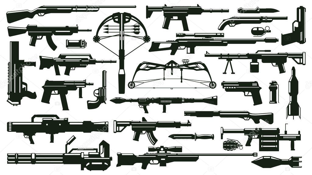War weapon silhouettes. Automatic gun kit, grenade launchers, weapons bullets, firearm supplies vector illustration set. Military weapon silhouettes collection