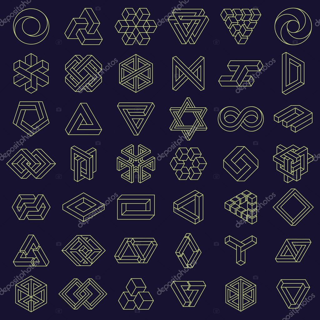 Optical Illusion impossible shapes. Geometric square and triangle paradox figures, optical illusion shapes vector illustration set. Impossible shapes isolated on dark blue, unusual objects
