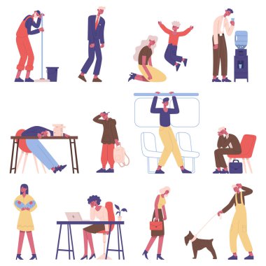 Yorgun insanlar. Uykulu yorgun erkek ve kadın karakterler, tükenmiş ofis çalışanları, öğrenci ve ebeveynler vektör çizim seti. Bunalımdaki yorgun insanlar