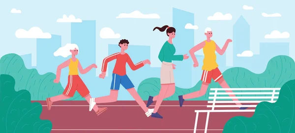 Familjeledare. Jogging pappa, mamma och barn, aktiv hälsosam livsstil föräldraskap motivation, föräldrar och barn jogging i parken vektor illustration. Familjemaraton — Stock vektor