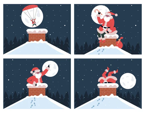 Santa Claus v komíně. Roztomilý Santa Claus uvízl v komíně a ponoří se do komína s padákem vektorové ilustrace nastavit. Vánoční dárky dodání — Stockový vektor
