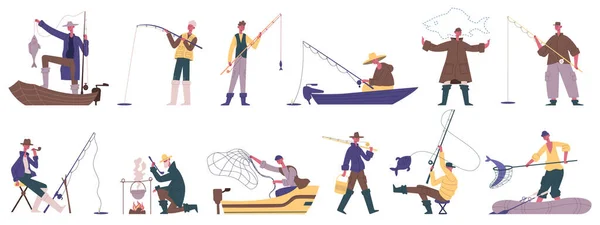 Personajes de pescador. Pesca verano actividades al aire libre, spinning o red de pesca captura de peces hobby recreación vector ilustración conjunto. Hombre pescador ocio — Archivo Imágenes Vectoriales