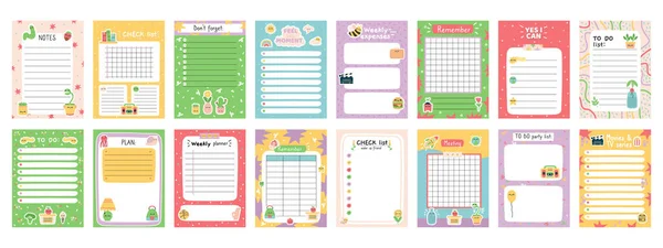 Daily note planners. Weekly scheduler, to do list, note paper or organiser sheets with hand drawn stickers vector illustration set. Cute doodle daily planner — Stock Vector