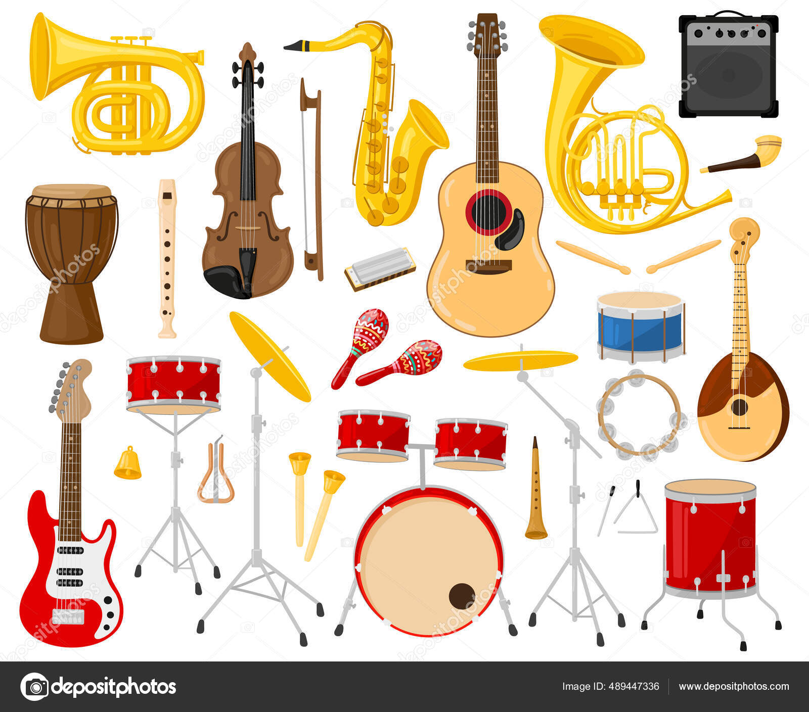 Cartoon musical instruments. Acoustic and electric instruments